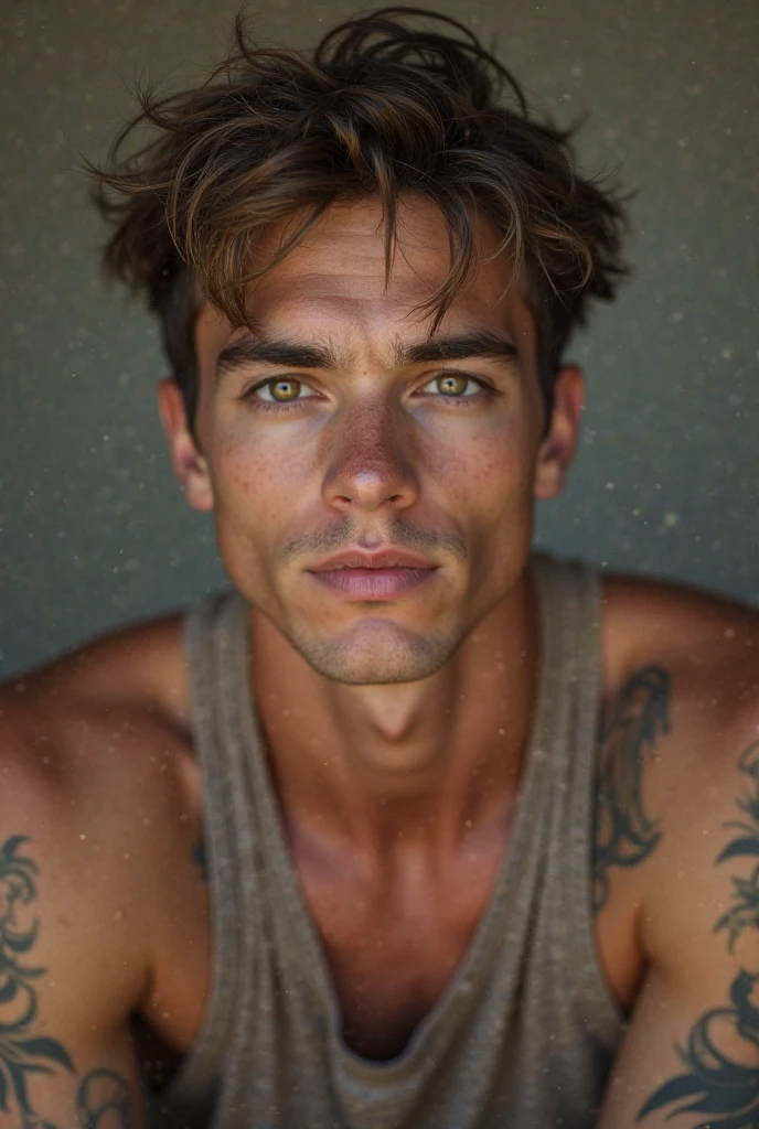 Young Handsome AI high quality realistic tattooed name ruy on neck muscular white skin tanned piercing gaze pink mouth with music bedroom background 