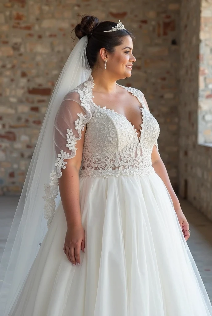 1 woman wearing a white wedding dress, bare shoulders and huge breasts