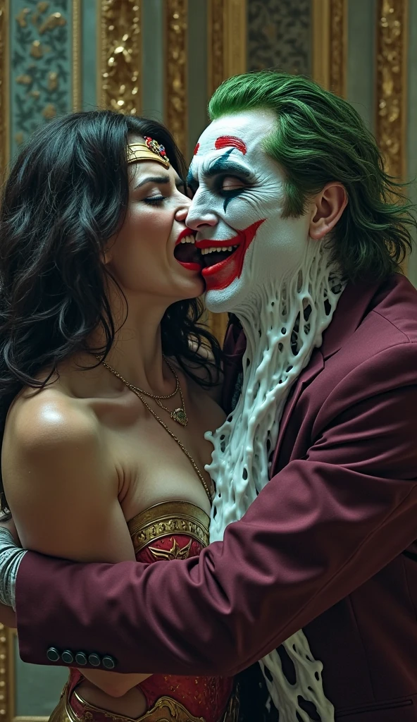 Cinematic image of Harley Quinn without a bra inside a fancy hot tub she is sitting on her back on the joker&#39;s lap and he is naked behind her and hugging her from behind he is squeezing her breast and Harley Quinn is moaning 