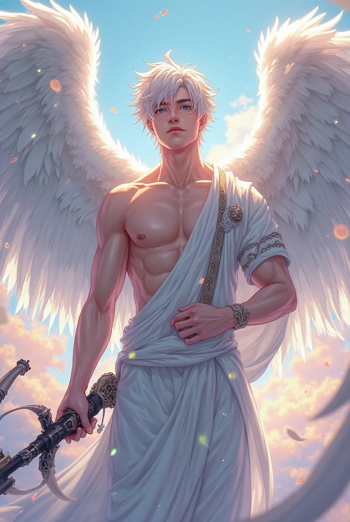 1boy, adult, handsome, perfect face, detailed eyes and face, clean shaved, muscular, capturing a rural atmosphere, dynamic lighting, unreal engine 5, hd picture, satoru gojo, white hair, short hair ,hair between eyes ,blue eyes, white skin, milk pink nipple details, Angel wings, splash detail Angel wings