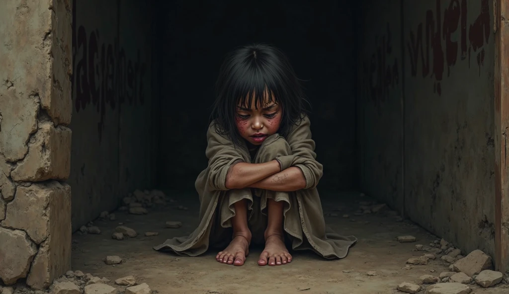 A young girl who drinks poverty in very tattered clothes, sells matches on a cold night, well, pitiful eyes, on the street, tattered shoes, dirty, a lot of dust,