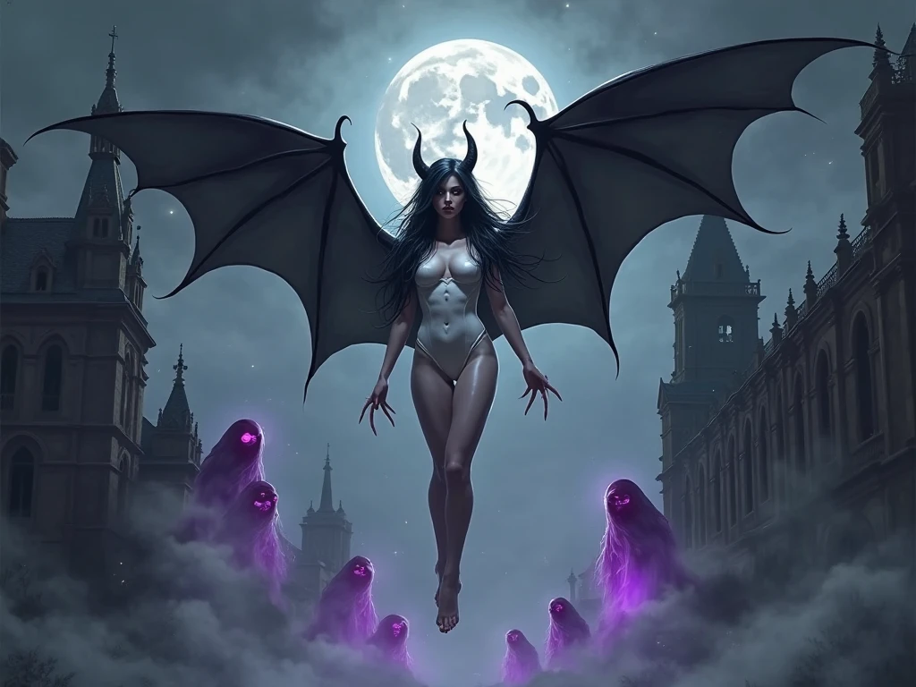 Horde of demons flying over a medieval village, estilo medieval, noite escura e sombria, Succubus alada em primeiro plano, in the background many demons, 8k, maximum detailed, high quality, fantasy
