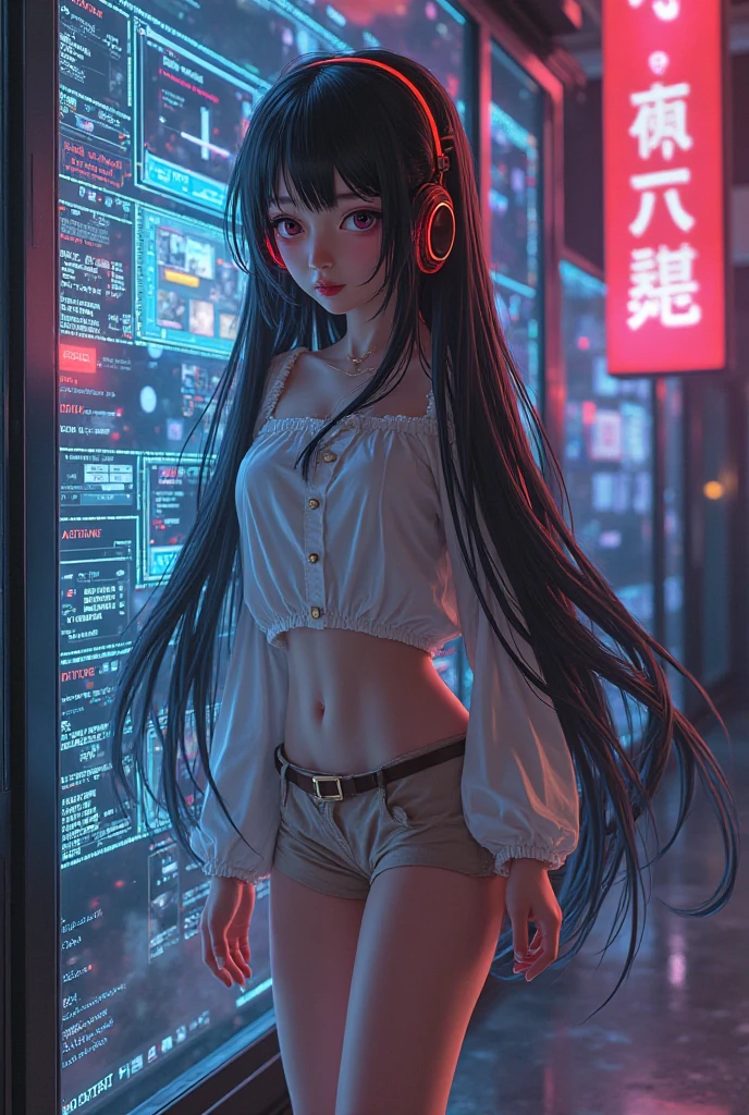 ((masterpiece,best quality anime,Highest quality:1.3)),realistic,cowboy shot,1woman,独奏,(30 year old beauty),((very small head:1.4)),((very long body:1.4)),(dark blue hair),straight long hair,(gorgeous big eyes),black eyes,smile,((slender body:1.4,skinny)),medium breasts,(White tube top shirt、navel,White pleated skirt),((white headphone)),oily skin:1.2,gleaming skin,shiny skin, bustling street、Cyberpunk World、