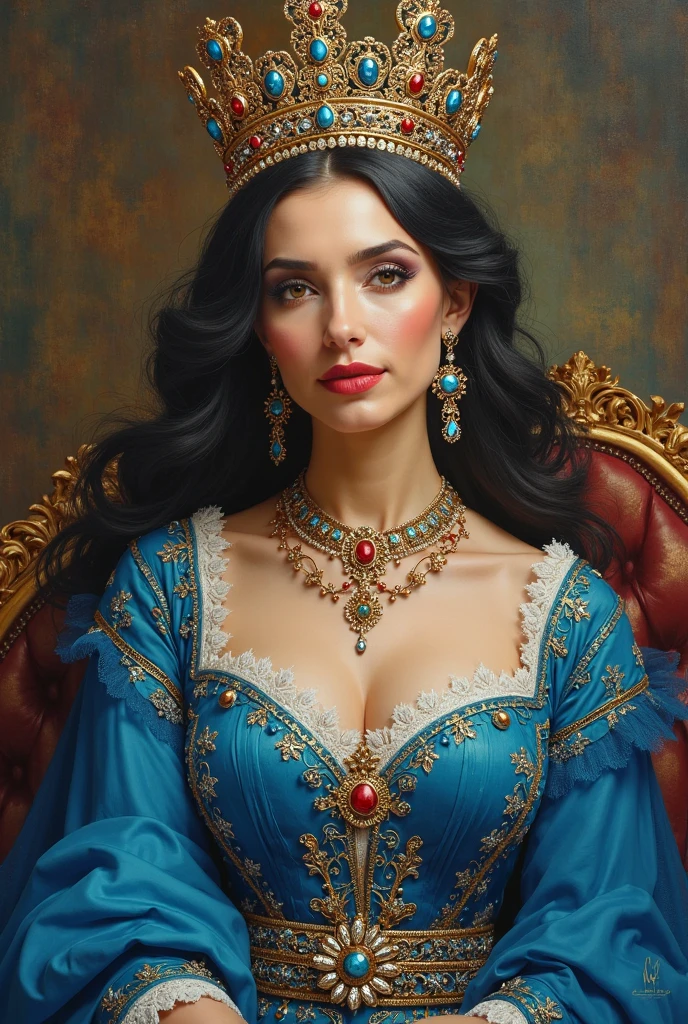 Majestic queen woman blue color sitting big breast black hair with crown tender smiling