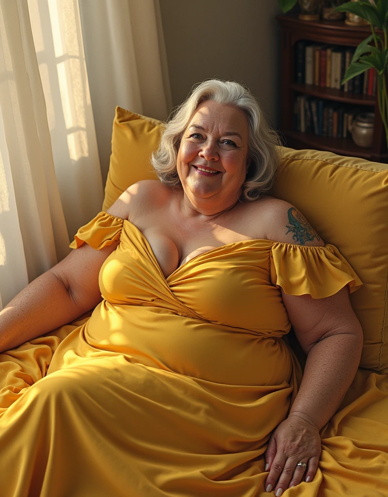 Overweight and A confident elderly woman with long golden hairy hairs flowing in the air .stands her room in a stylish pose. She wears a fitted golden long-sleeve top and high- night robe , which accentuate her curvy, full figure. Sitting on a bed she is showing her big backside standing