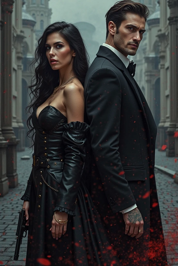 man and woman, Daniel Sisniega in black suit, near Catherine Zeta-Jones in black dress,woman with long hair, man with short hair, Victorian era, unshaven, Undercut,short brown hair combed back, 30 years old, beautiful face, arrogant look, a Catholic church in the background, black smoke swirling behind him, darkness swirling, villain, Lasombra.