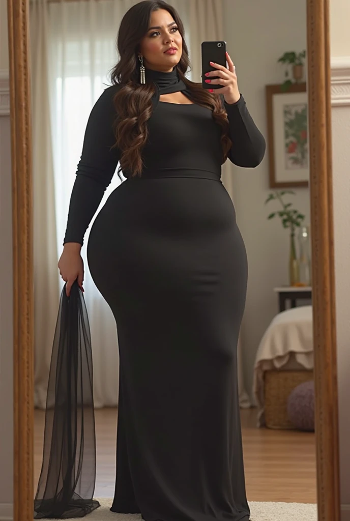 a woman in a black dress standing in a room, dark black long dress, stylish dark dress, frock, elegant dress, black turtleneck lace dress, sophisticated dress, she is wearing a black dress, plus size, black gown, full - length view, full-length view, an elegant woman in black dress, black lace dress, plus-sized