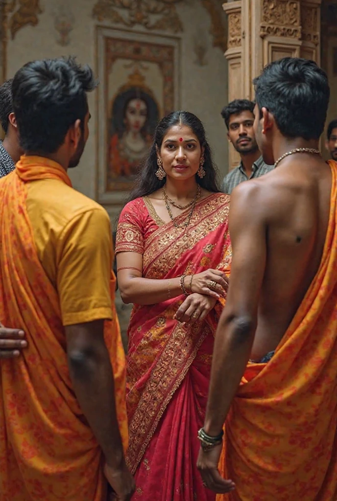 A middle-aged Indian man with short dark hair tenderly embracing and kissing a young, South Indian bride dressed in a traditional Indian aunty in a comfortable living room. A group of three Caucasian men observing the couple., high detail, split gradient colors background, full body image