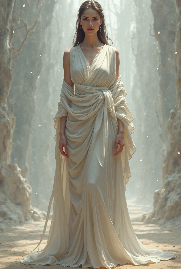 Baroque sci - fi full body elegant woman airy translucent dress epic atmosphere chiseled background 8k desaturated colors cinematic ultra realstic textures adire