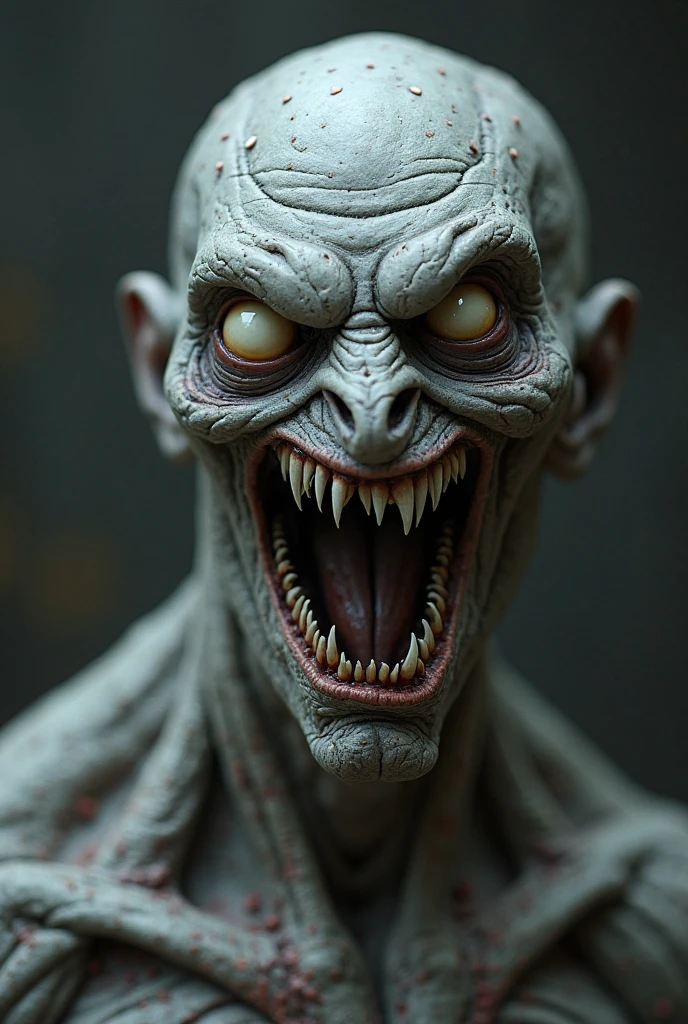 Gray skin tensed above the taut muscles, black dots dotted the surface like freckles, eyes shone with an otherworldly light, two white circles piercing the dark emptiness. A creepy, curved neck supports a deformed head that bears a terrifying grin filled with thousands of razor-sharp teeth, claws extending from twisted fingers, and a towering height.