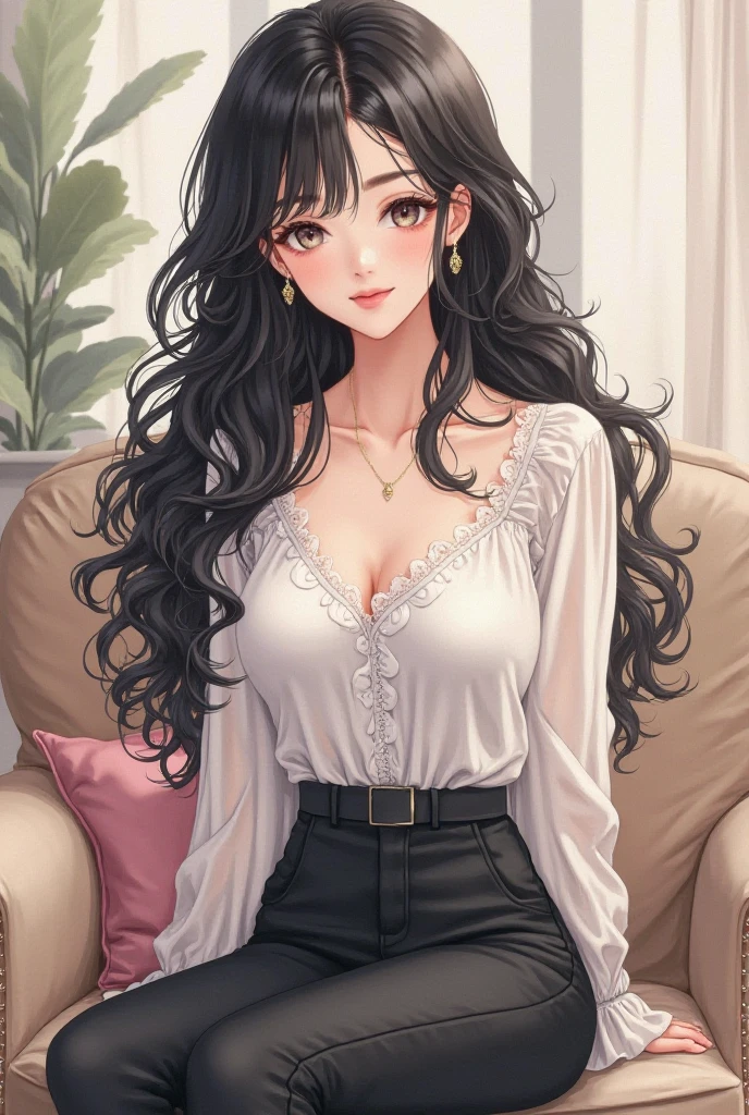 ( Ultra Masterpiece, Best quality ), Detailed Face, sharp eyes, beautiful eyes, (Absurdres), (Anime), (Skindentation), (Best shadow), ((Anime)), /(Tsundere face)/, /(Tsundere looks)/, (Perfect face)+, Huge breasts, Very curvy, (curly black hair), long hair, Beautiful hairstyle, (amber eyes), Full lips, ( angry face, frown, warm smile ), ((beautiful character design)), At home, ( Intricate Clothes ), BREAK, Professional photo, (Thick thighs), Big breasts, Ray tracing, (Perfect face)+, (sleeveless blouse: 1.2), (lightweight skirt: 1.2), medium breasts, (Soft skin), (healthy body), 1 Female, (bold and assertive pose), (Very sexy+, Gorgeous+, young and beautiful+), BREAK, ( Standing up, Facing the viewer, from below pov ), (Tsundere)+