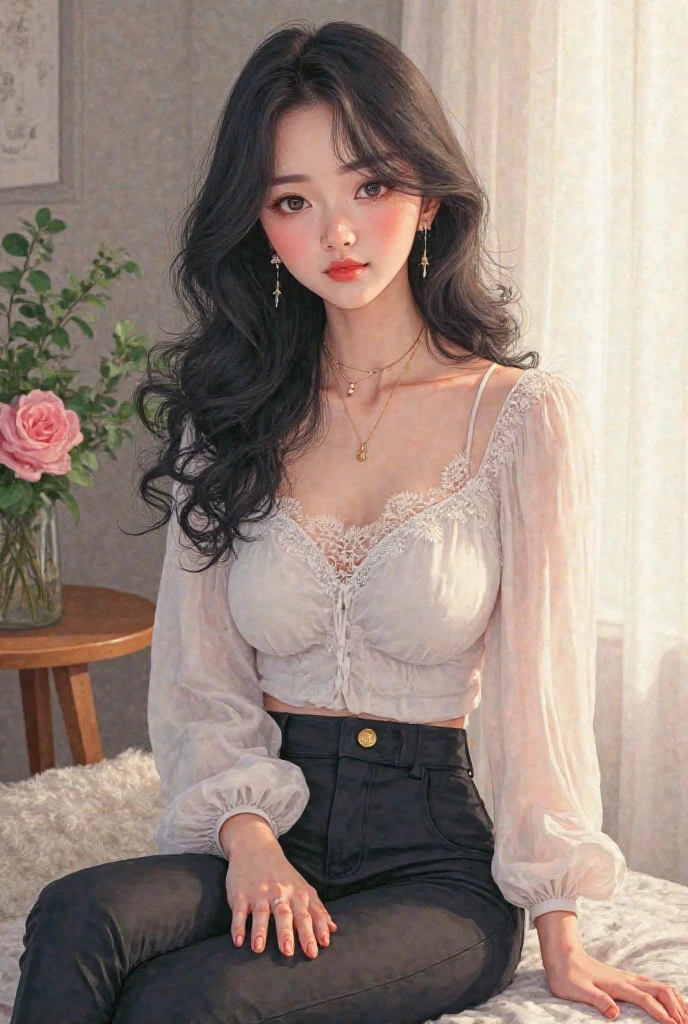 ((Realistic lighting,best qulity,8K,The Masterpiece:1.3)),1girls,Small moles under the eyes,Smile with,Detailed eyes,Beautiful woman with a slim figure:1.4,Korea,wan,(Floating wavy silk gray-white hair,Breezy hair,medium_breasts:1),Yellow women's lace shirt:1.2,Long sleeves are winded, standup, Ultra-detailed face, delicate eye, Double eyelid, shinny skin, Cowboy shooting
