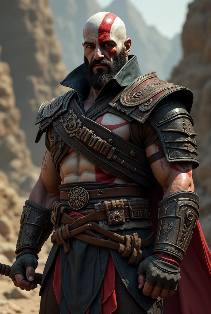 Kratos, dressed as Altaïr Ibn-La'Ahad, stands in the shadows of a towering fortress. His muscular frame is draped in Altaïr's white robes, the iconic hood partially covering his stern, battle-worn face. The red tattoo on his face is barely visible beneath the hood, blending the identities of a god and an assassin. In his hand, he holds a hidden blade, its lethal precision reflecting in his intense, determined eyes. The scene captures the powerful fusion of Kratos’ raw strength with Altaïr’s silent, deadly grace, creating a figure driven by both vengeance and a relentless pursuit of justice.