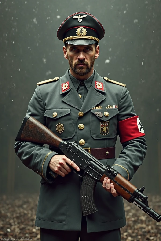 Messi with the Nazi symbol , dressed like Nazis, He has an MP40 and is shooting at Hitler.