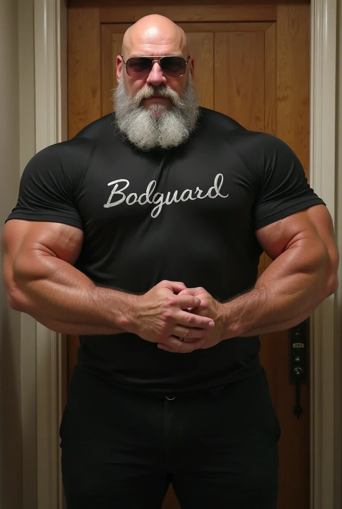 A full length Austrian bodybuilder shirtless very oiled body smiling elderly sweaty bald man with big mustaches extremely muscular and extremely fat over 70 years old weighing over 600 pounds very muscular, very hairy big pecs with gynecomastia dark nipples in front of a white wall wearing black leather shorts and leather harness on torso