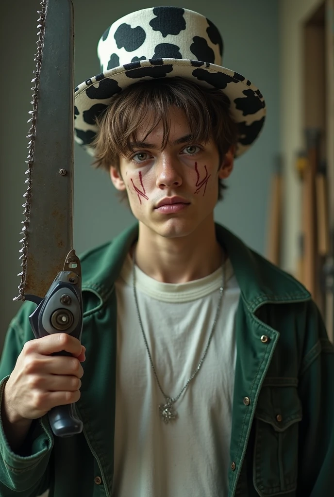 Teenager Tom with dark hair, skater gangstar outfit with open jacket and wide pants, psychopath smile holding a bloody baseball bat on his shoulder