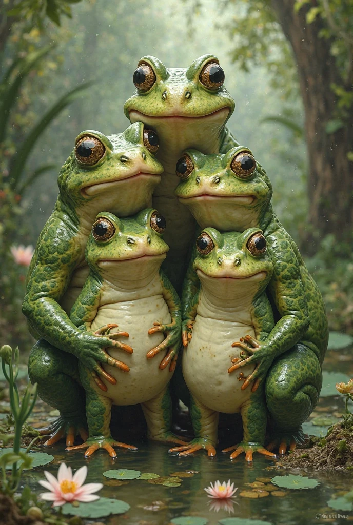 A bunch of frogs transform into lovely women (moss breast drapes and skirt, frog hands, light green skin with mottling, over large eyes) during a heavy rain, dancing around glowing mushrooms in a deep dark forest