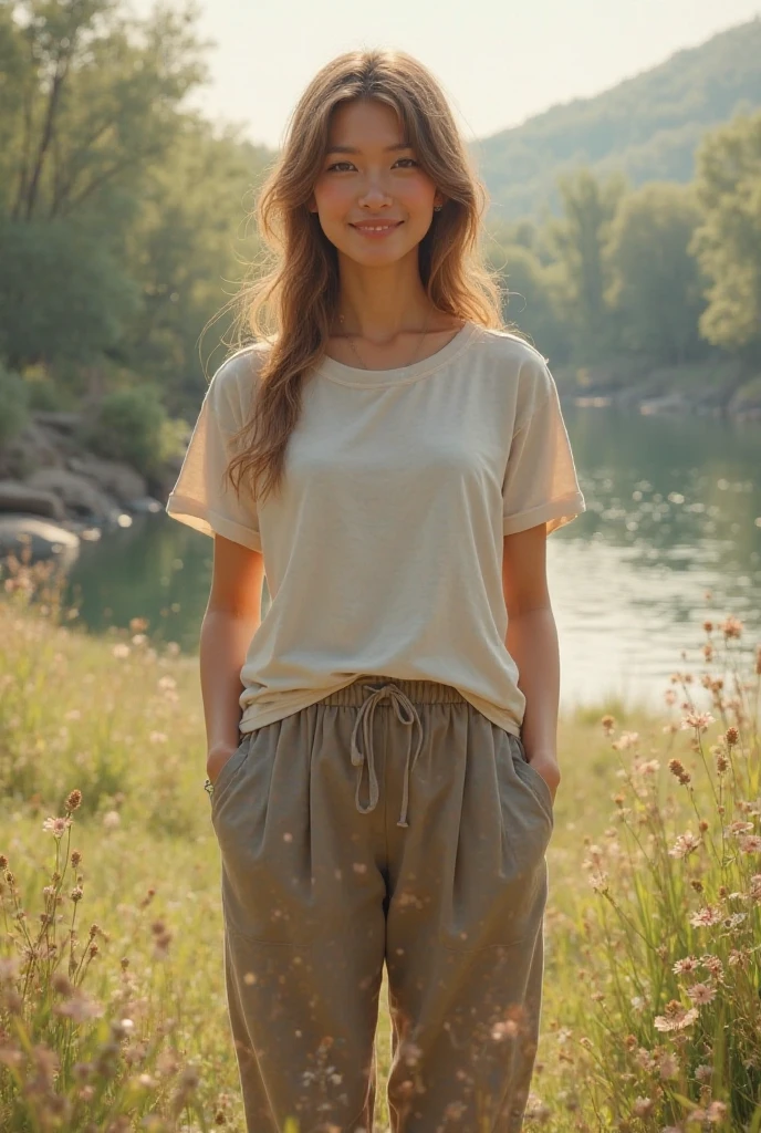 Girl with brown hair and green eyes in tight, light beige khaki pants and a pink T-shirt covered in green sludge