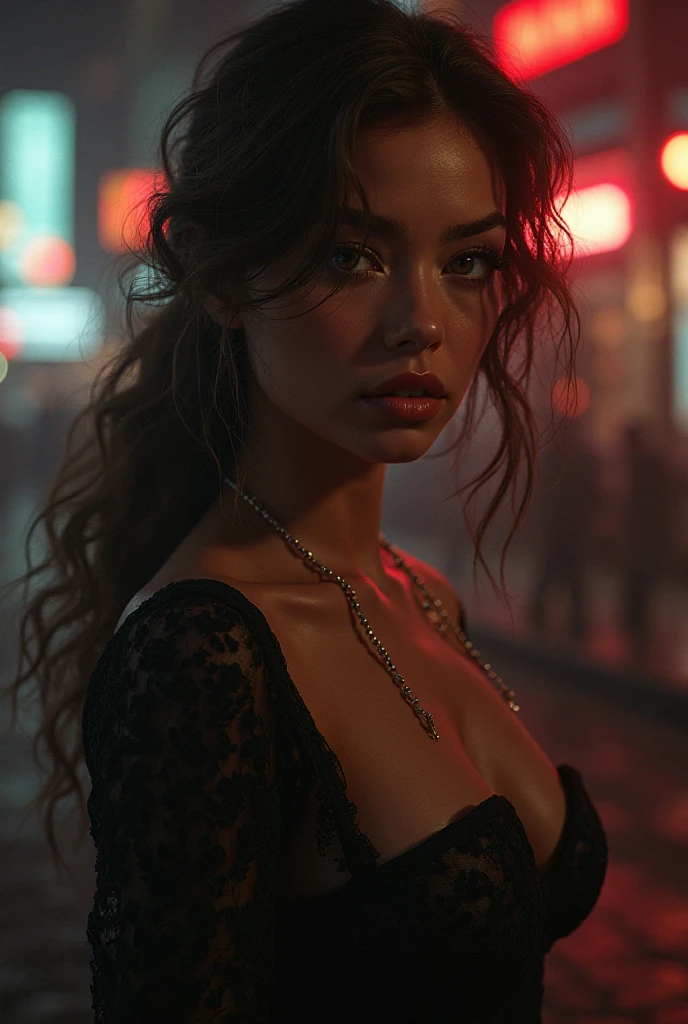 Ultra-realistic movie master pie with ultra-detailed primetime portraits, (最high quality, 8k, table top, Ultra HD)masterpiece,最high quality,high quality,High resolution,perfect dynamic composition,beauty(mixed girl)(madison ivy:0.45)(jessica alba:0.25)(Ariana Grande:0.25) in of a (1girl:1.3 22-year-old)(photo realistic)(Hyper realistic)((Fujicolor,daytime soft lighting)fashion supermodel((best high quality real texture skin)(Highly quality texture hair))((short curly hair((slicked to the two side))Intricately detailed))(perfect proportions)(anatomically correct)(perfect female body)firm normal full breasts,slim face,beautiful cheekbones(slim,swell-muscled body)(Super beautiful face)(realistic face)highly detailed face,absurd(Intricately detailed eyes)(tired and sleepy and satisfied:0.0)a woman's eye with a digital rendering,realistic eyes,perfect round eyes,finely detailed pupils,BREAK(brown_eyes)detailed lips(red_lipstick)(pink_makeup)Wear an off-the-shoulder top,full bodyesbian((Intricately detailed pleated modest leather BDSM costume))dynamic pose(((shot above the knee)))look at the viewer(Erotic)(city night)(neon sign)(night),walking,On the street
