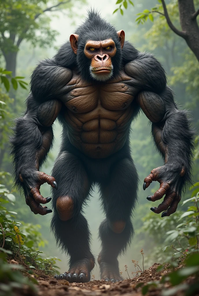 RAW image, Epic scene, ((portrait)), award-winning photo portrait of a werecreature weremale baboon, wearing a black and silver armor, with gigant spear in the hands, rainforest background, hyperdetailed, (artstation:1.5), cinematic, warm lights,, epic realistic, award winning illustration, (film grain: 1.4),