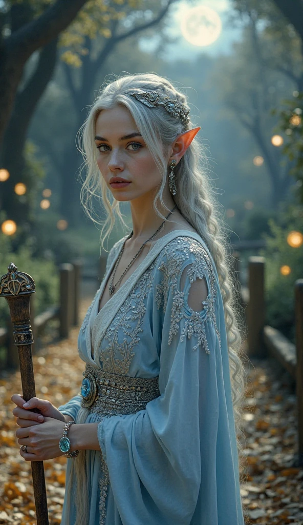 FACE SHOT OF BEAUTIFUL BOMBSHELL TOLKIEN ELF WOMAN, 30 YEARS OLD, HUGE LONG PLATINUM HAIR, BRAIDED HAIR, VERY PALE SKIN, EXPRESSIVE TURCOISE EYES, LOVELY FACE, ENIGMATIC FACE EXPRESSION, GORGEOUS LIPS, ROSY CHEEKS, HIGH CHEEKBONES, MENTAL FORAMEN, EXPOSED ELF TIP EARS, SILVER TIARA, PLATIMUN EYEBROWS, FULL NECK CLEAVAGE, LIGHT BLUE NECK VICTORIAN DRESS, ATHLETIC CURVY BODY, SIDE ANGLE SHOT, DEEP FORREST, DAYLIGHTS, BACK LIGHTS, SUN LIGHTS, MASTERPIECE, ACCURATE IMAGE