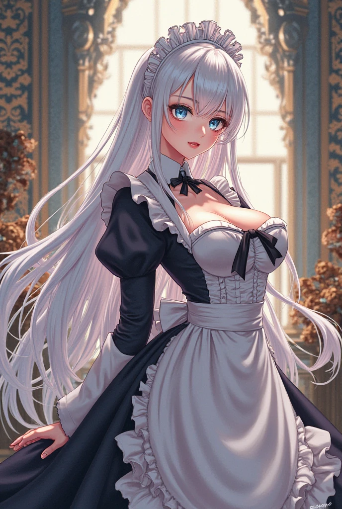 (masterpiece:1.2, top-quality), (realistic, photorealistic:1.4), beautiful illustration, (natural side lighting, movie lighting), nsfw, 
looking at viewer, 1 girl, japanese, high school girl, perfect face, cute and symmetrical face, shiny skin, 
(long hair:1.5, messy hair:1.2, silver hair), swept bangs, emerald green eyes, drooping eyes, long eye lasher, (large breasts:0.6), 
beautiful hair, beautiful face, beautiful detailed eyes, beautiful clavicle, beautiful body, beautiful chest, beautiful thighs, beautiful legs, 
((french maid)), 
(beautiful scenery), outside flower garden, modern, standing, spread legs, holding a gun, (lovely smile, upper eyes), 