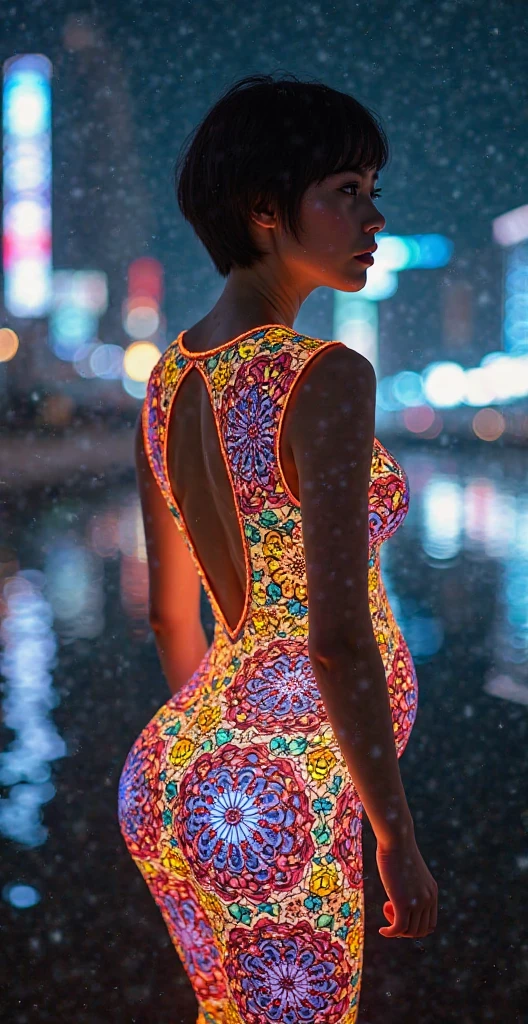 (masterpiece, Highest quality), 8k,(((Very detailed))), Race:1.8, Super intricate Race pattern, colorful Race pattern, Glowing stained glass transparent body, Mandala,light up, 1 female, Open Back, , Japanese, Fair skin, Photo of Lee Jae,, sultry body with セクシー belly, Sexy girl, Young sensual elegance, Sexy body, Sexy look, Very Short Hair、Shooting at a port with a beautiful night view、 Intelligent face、Narrow waist、Large Breasts、Smile a little、EOS 50mm F2, Blur the background、Lighting the face、whole body、See-through sexy swimsuit、Bite, Looking into the distance、
