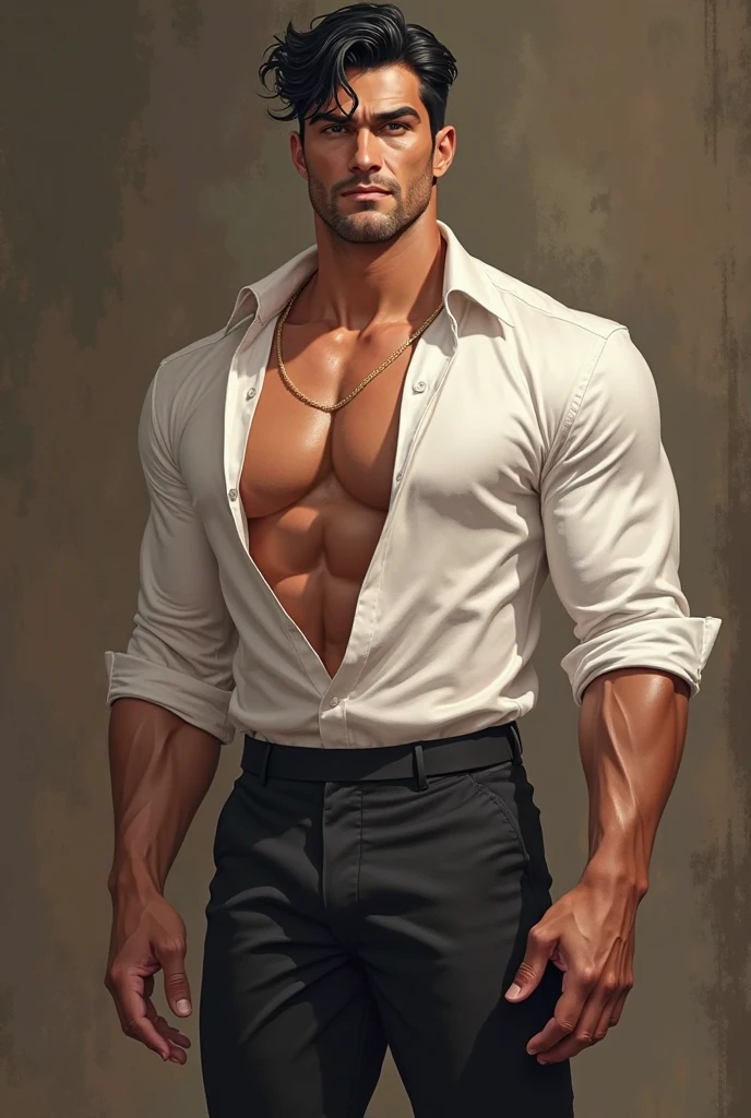Masterpiece, 4K, High Quality, One person, Human, male, solo, looking at viewer, bad boy, ultra detailed, front view, NSFW, Open shirt, Topless, pants, abs, pecs, perfect lighting, CG, detailed texture, brown short hair, full body, beard, old man, sexy body.