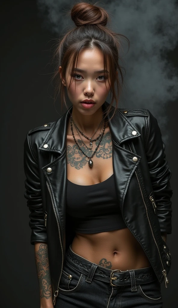 cute tanned japanese woman, amorous and lewd face, bun brown hair, forehead, make-up, grey eyes, superlative body proportion, covered in tattoos, wearing open riders leather jacket, black tank top, loose baggy jeans, she looked flirtatiously at the camera and biting her lips, void black and smoke background, artistic photography, hyper realistic, graphic CG digital art, k-pop dancing, energic, hip hop, rap, first person view