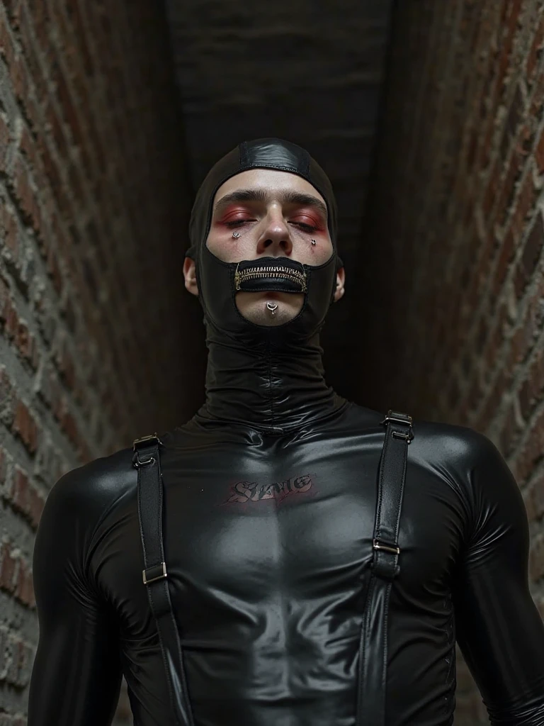 Solo, 1boy, furry, hd, vampire bat with tan fur, bat has green eyes as well as short blonde hair that hangs over one eye, (full latex suit), lying on back, pulling off a gas mask, gas mask has tentacles inside, ((struggling)), intubated, intubation tube in mouth, choking, ejaculating, mid orgasm, strapped to medical gurney