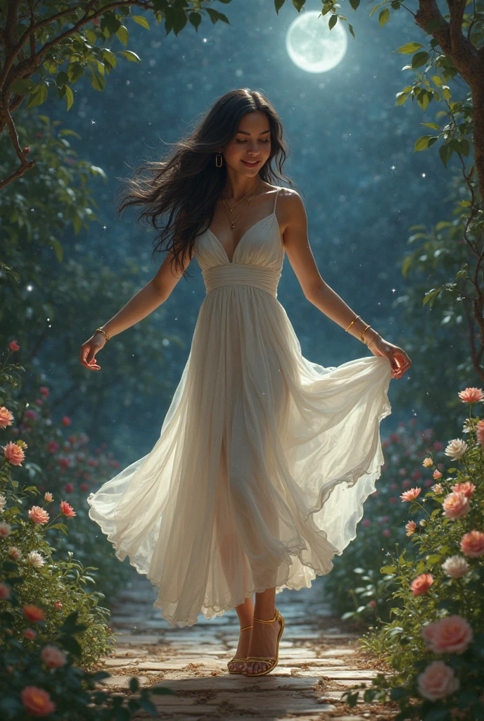 A brunette elven maiden, 18-years-old, warm almond complexion, freckles, amber eyes, dark hair, long messy curls, strolling through a royal garden