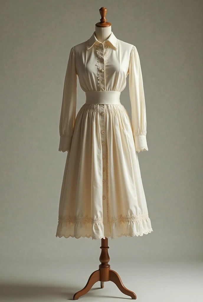 A white dress with a pleated petticoat at knee length, with buttons down the front, lace polo collar and long lace sleeves 
