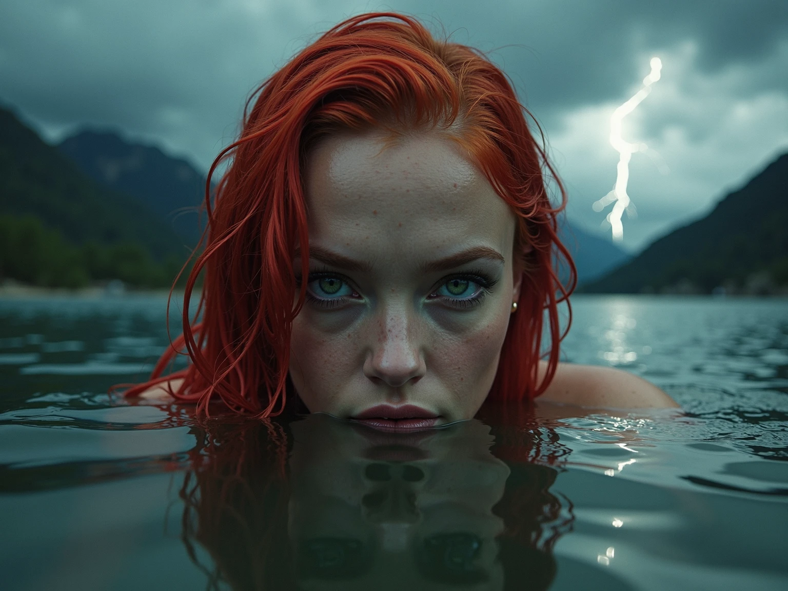 imagine a woman with intense green eye, red hair, all wet hair, Wet face reflecting the light of a lightning bolt close.. She's inside a lake, Close up on your face surfacing up to your chin, mountain background,  apocalyptic atmosphere , dark clouds, Image with slight noise, She stares intently at you, rosto lindo, realista, imagem 8k, 