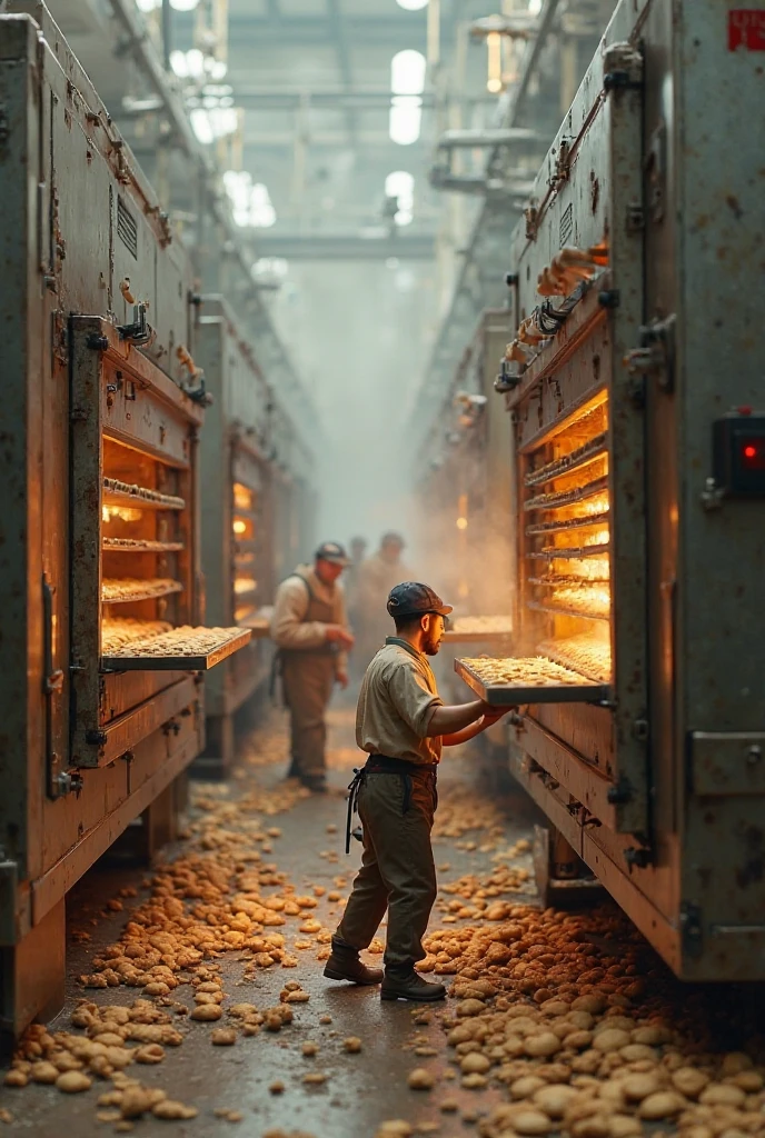 Généré une image d'un grand entrepôt de couleur grise, avec des piles des stocks en sacs bien rangées, avec des dockers en train de prendre sur leur tête des sacs d'autres remplisse les ces sacs de façon artisanale 