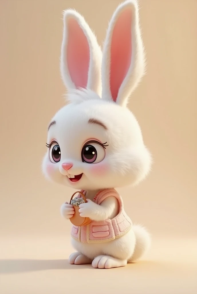 3D cute baby rabbit character、Pure white fluffy fur、running、Inside the house、masterpiece, Background Blur, shut up., Big eyes、Sparkling eyes、Pale pink background、Wearing a pink tulle dress、The ears are long
