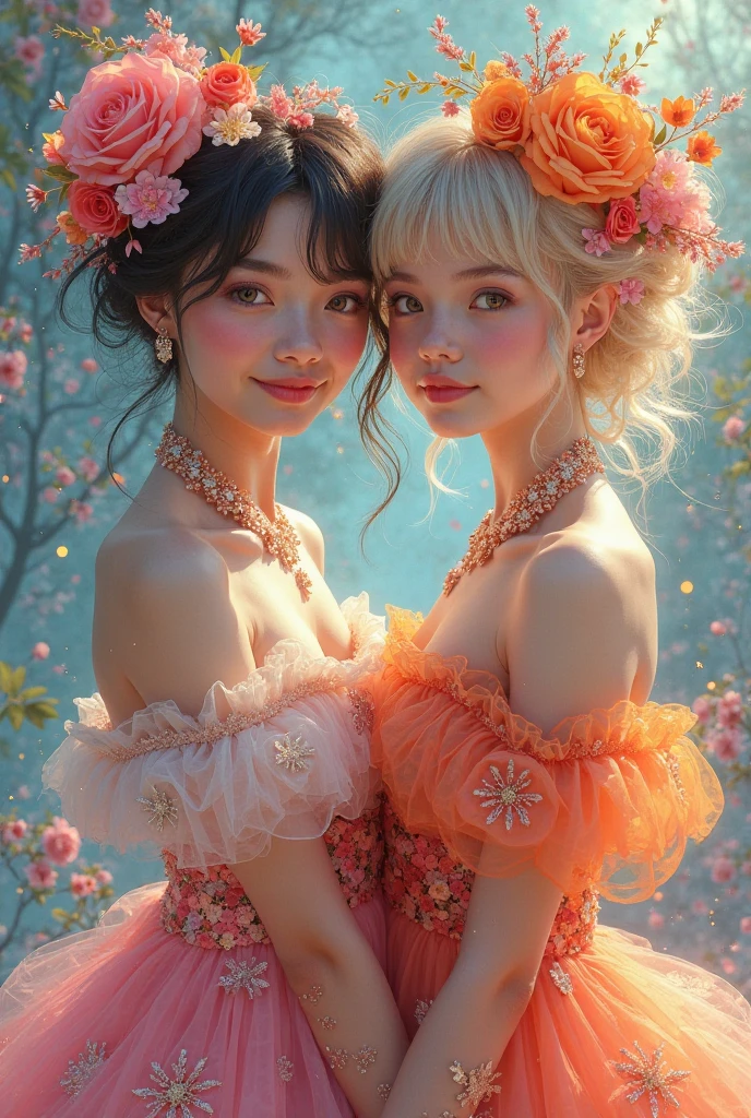 (((group_squeez, multiple girls, group portrait, 3 girls, women together))), ((18 yo, close-up, portrait, detailed face)) , fit , (young) , beautiful , (((pale skin, wavy blonde hair))), (((tight t-shirt, busty, dreamy, loving stare, bright magical fairytale fantasy atmosphere, sexy))), flowers in hair, surrounded by flowers, happy, playful, ((large soft heavy breasts)), in love, ((((magical mist energy, hair flower)))), ((blush, pretty, elegant, oil painting, classic painting, cute, youthful, teen, teenager)), ((((tight t-shirt))))