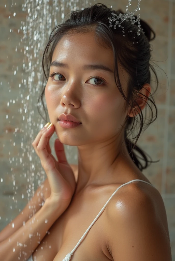 raw photo of beautiful female, looking at camera, centered portrait upper body, Polynesian beauty, slim perfect face, natural look, playmate, wavy hair, wet hair tied in a bun, supermodel, wet skin, moist skin, blushing cheek, very very small bust, closing eyes, feeling ecstasy, nude skin, in photo studio