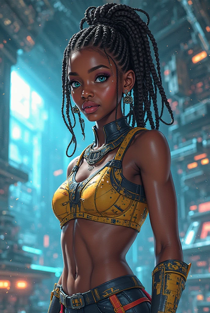 In the heart of a vibrant, neon-lit city, a captivating close-up shot reveals Essence, a striking black woman in her late twenties. With short, chestnut curls and deeply thoughtful eyes, she is the epitome of intrigue. A cascade of crystal-clear water drips from her fingers, each droplet gleaming in the ethereal neon light.

Adorned on her face are unmistakable, African-inspired markings, pulsating with their own inner glow. Her clothes too, are a testament to her heritage, meticulously designed with rich African motifs and intricate patterns. Neon beads adorn