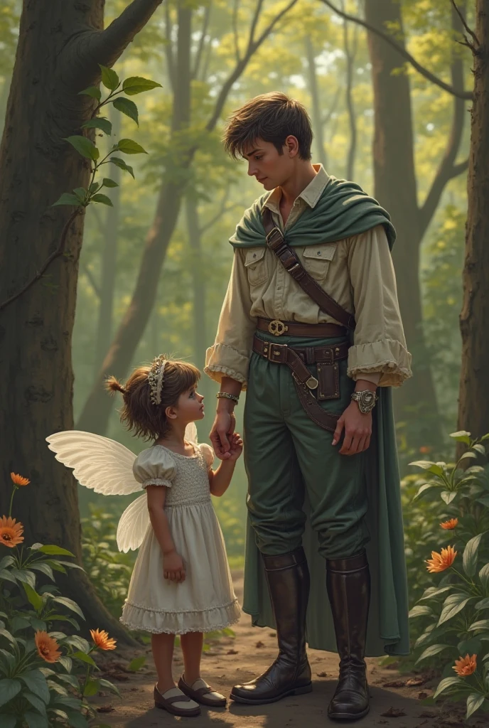 swordsmanship, grown-up, up to 26 years of age, at a forest, holding, In your hand, a fairy, she holds a rose, too small, friendly, he has a strange arm, black clothing, old
