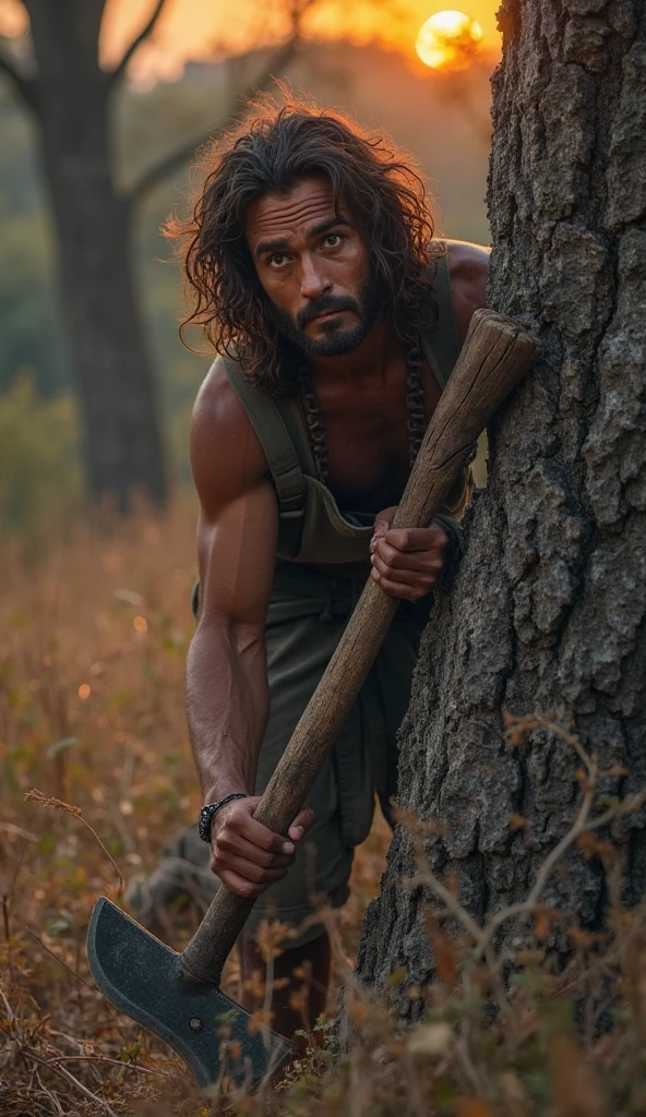 (Best quality, high resolucion, Realstic:1.37), un adolescent de 16 ans (homme) of the Stone Age, peau mate claire, long, frizzy hair, entrain de battre avec son sagaie contre un tigre a dent de sabre, Ultra detailed, Ancien humain, , Prehistoric scene, Realistic representation of the Stone Age