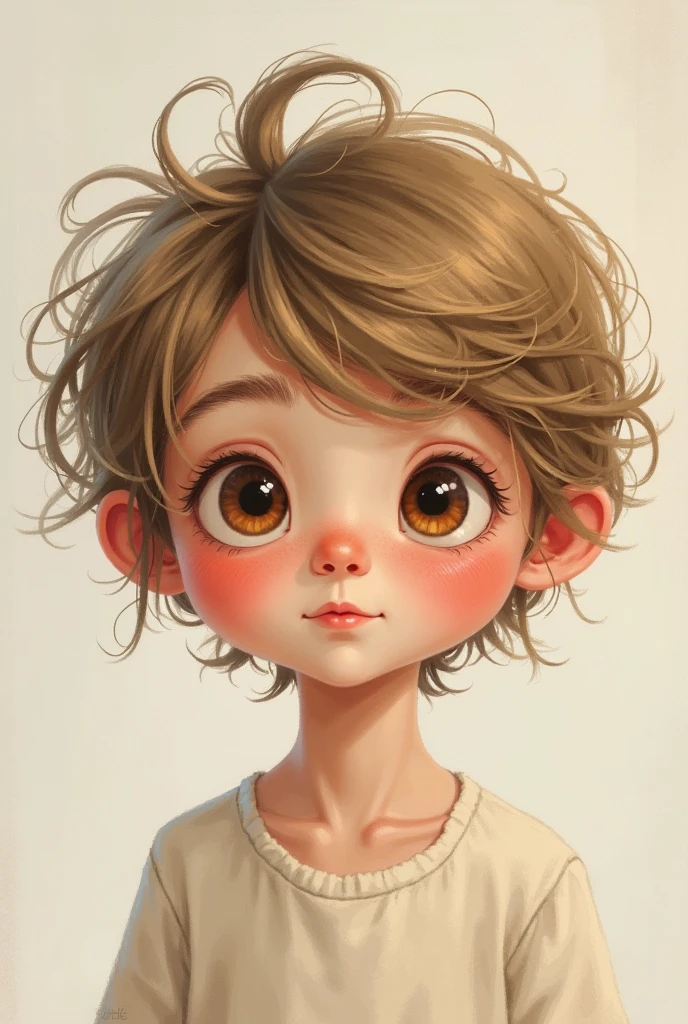 Drawing of a 3 year old boy with straight curly brown hair and white skin