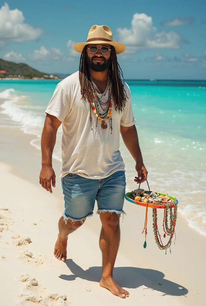 create the image of close-up of a street vendor on a beach in Venezuela. The vendor is a white American man, descendant of Spanish Canarians, with a builtfat type of body, he is a bit fat, he has slim arms, a product of sun and exercise. His face shape is rectangle type. His long, thick , straight black hair is delicately braided and adorned with fine yellow highlights that contrast with his tanned skin. His hairline type is rectangular shaped. His beard is totally shaved . His eyes are protected by modern sunglasses, which give him a relaxed and carefree air. His clothing is casual and summery: beach shorts that reveal his thick and slightly muscular legs and a loose t-shirt, ideal for the tropical climate. His appearance conveys positive energy and a relaxed lifestyle. The colorful braids and handmade accessories complement his bohemian look and connected with nature. He is around 30 years old, he is an extroverted person, with a free and adventurous spirit. His job as a seller of handmade jewelry suggests an artistic sensibility and a deep respect for nature, since his products are made with organic materials such as snails. The place where he sells is a paradisiacal beach, with fine white sand, the turquoise sea stretching to the horizon. The sun shines brightly, creating a warm and welcoming atmosphere. A gentle sea breeze caresses the skin and the sound of the waves breaking on the shore accompanies the scene. The seller walks at a leisurely pace along the shore of the beach, leaving footprints in the sand. His bare feet feel the soft texture of the sand as he looks out to sea. In one hand he carries a colorful tray with his handmade creations, necklaces and shell bracelets, which he proudly displays to potential buyers. His other hand gently swings a straw hat, which protects his face from the sun. Tourists strolling along the beach are attracted by his unique and original products, stopping to admire his creations and chat with the seller.