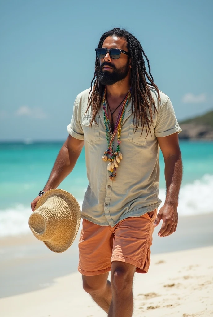 create the image of close-up of a street vendor on a beach in Venezuela. The vendor is a white American man, descendant of Spanish Canarians, with a builtfat type of body, he is a bit fat, he has slim arms, a product of sun and exercise. His face shape is rectangle type. His long, thick , straight black hair is delicately braided and adorned with fine yellow highlights that contrast with his tanned skin. His hairline type is rectangular shaped. His beard is totally shaved . His eyes are protected by modern sunglasses, which give him a relaxed and carefree air. His clothing is casual and summery: beach shorts that reveal his thick and slightly muscular legs and a loose t-shirt, ideal for the tropical climate. His appearance conveys positive energy and a relaxed lifestyle. The colorful braids and handmade accessories complement his bohemian look and connected with nature. He is around 30 years old, he is an extroverted person, with a free and adventurous spirit. His job as a seller of handmade jewelry suggests an artistic sensibility and a deep respect for nature, since his products are made with organic materials such as snails. The place where he sells is a paradisiacal beach, with fine white sand, the turquoise sea stretching to the horizon. The sun shines brightly, creating a warm and welcoming atmosphere. A gentle sea breeze caresses the skin and the sound of the waves breaking on the shore accompanies the scene. The seller walks at a leisurely pace along the shore of the beach, leaving footprints in the sand. His bare feet feel the soft texture of the sand as he looks out to sea. In one hand he carries a colorful tray with his handmade creations, necklaces and shell bracelets, which he proudly displays to potential buyers. His other hand gently swings a straw hat, which protects his face from the sun. Tourists strolling along the beach are attracted by his unique and original products, stopping to admire his creations and chat with the seller.