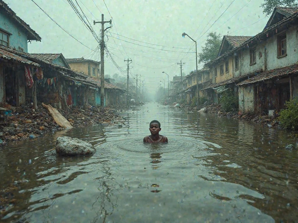 A Bangladeshi man is crying by seeing his home destroy by flooding and the water is 6-7 foot higher then usually
Make it realistic and wide angle