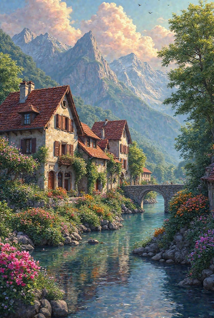 Mountains In Riverside A small riverside village, mountains in the background, colorful ...