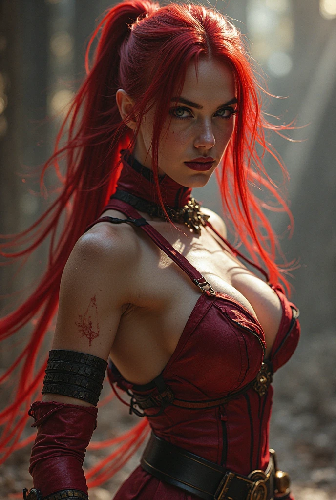 Female character from RPG Dungeons and Dragons of the paladin class and tiefling race with an infernal appearance with red horns and tail.