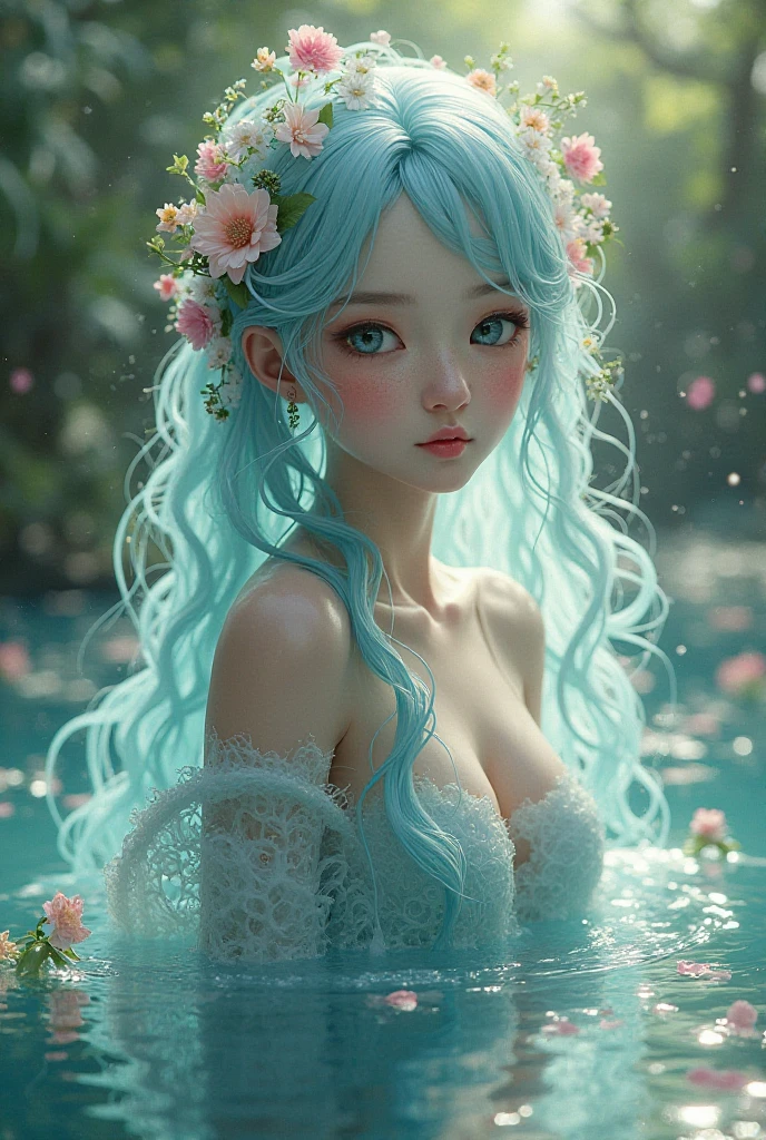 beautiful girl, semi naked long blue hair, beautiful girl sitting in water, dress made of liquid, Water Nymph, Water Fairy, UHD photograph, Disney art professional cosplay, bright aura around her, Bright lights! Digital restoration 16k UHD, shiny and flowing hair, shiny and flowing hair, Beautiful, fantasy otherworldly landscape plants flowers, gorgeous, Masterpiece, Best quality, professional photo