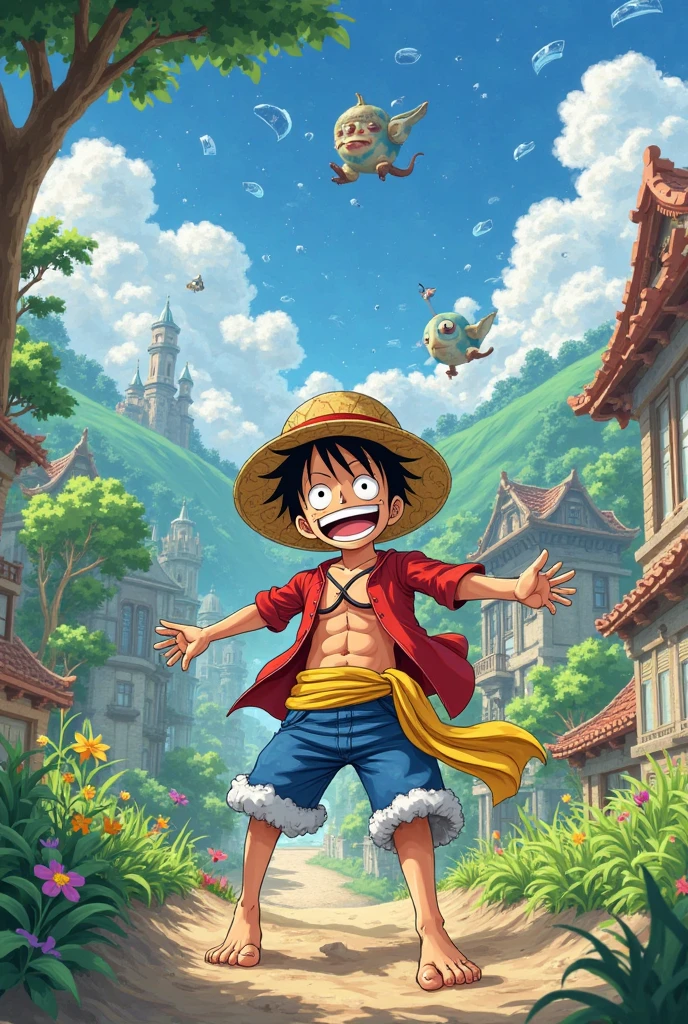 one piece inspired by Eiichiro Oda environment, theme island , pirates , treasure , adventure