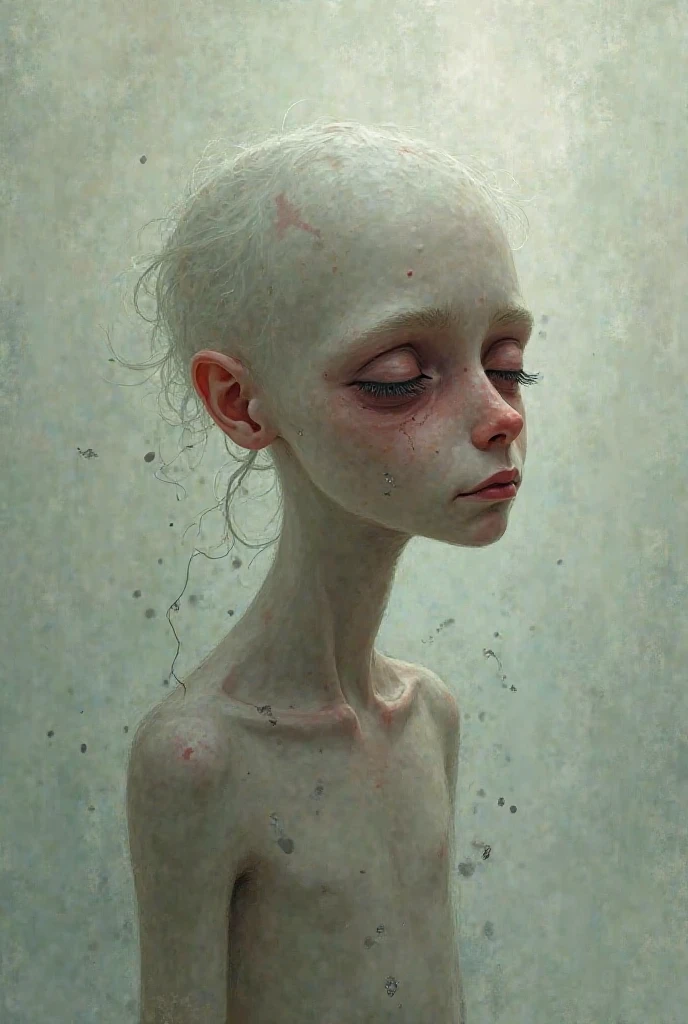 An albino child, skinny boy, with straight and short light hair with bangs, light red eyes, a skin tears off like snow, wearing a kind of long and worn sweater, blank stare, on a setting in an orphanage with an old structure.