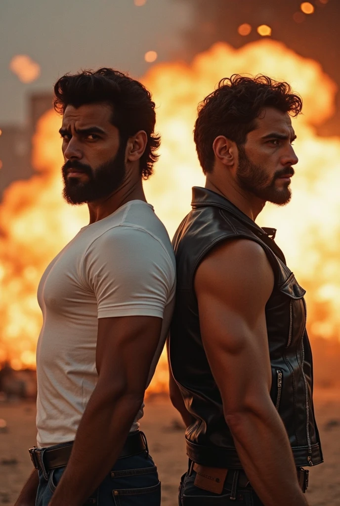 "Three attractive men in an action movie scene with explosions and fire, cuerpos musculosos, barba, rostros detallados y expresivos".